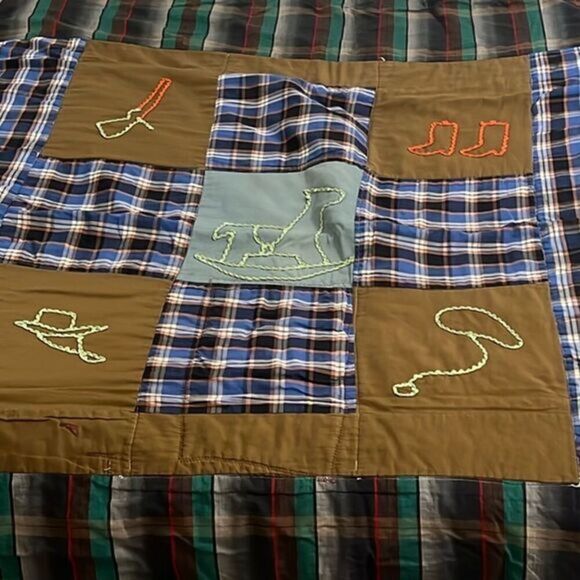 Homemade Plaid Squares Western Corduroy Squares Vintage Quilt 25 In x 54 In - Picture 11 of 14